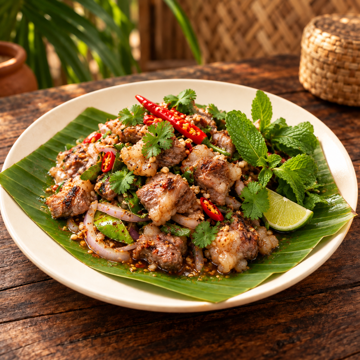 ញាំសាច់ជ្រូកអាំងជាមួយជីរ